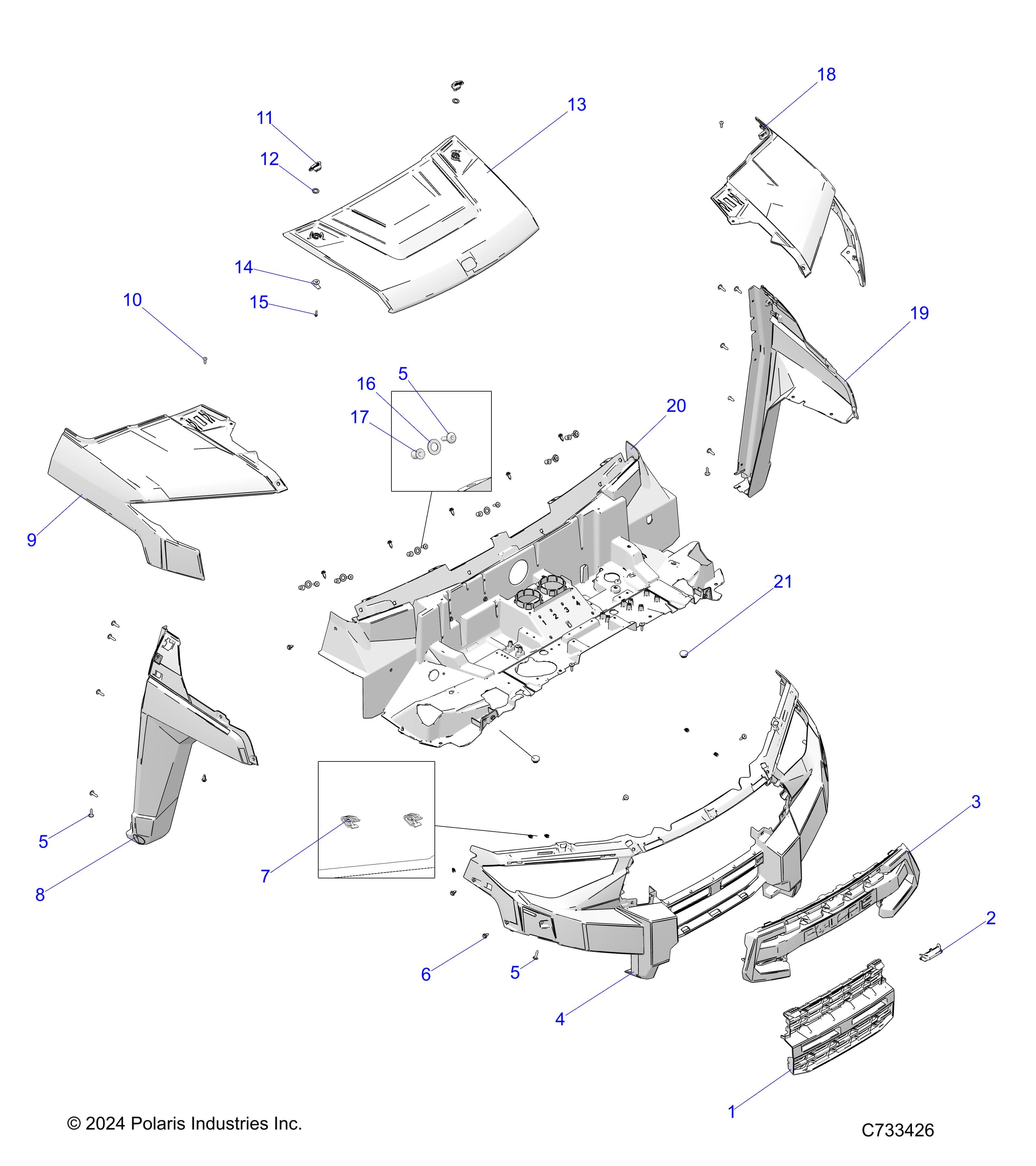 2026 RANGER 1000 XP CREW NSTR ULTIMATE TRAIL BOSS β BODY, HOOD & FRONT FASCIA - R26RSV99AK (C730478) diagram