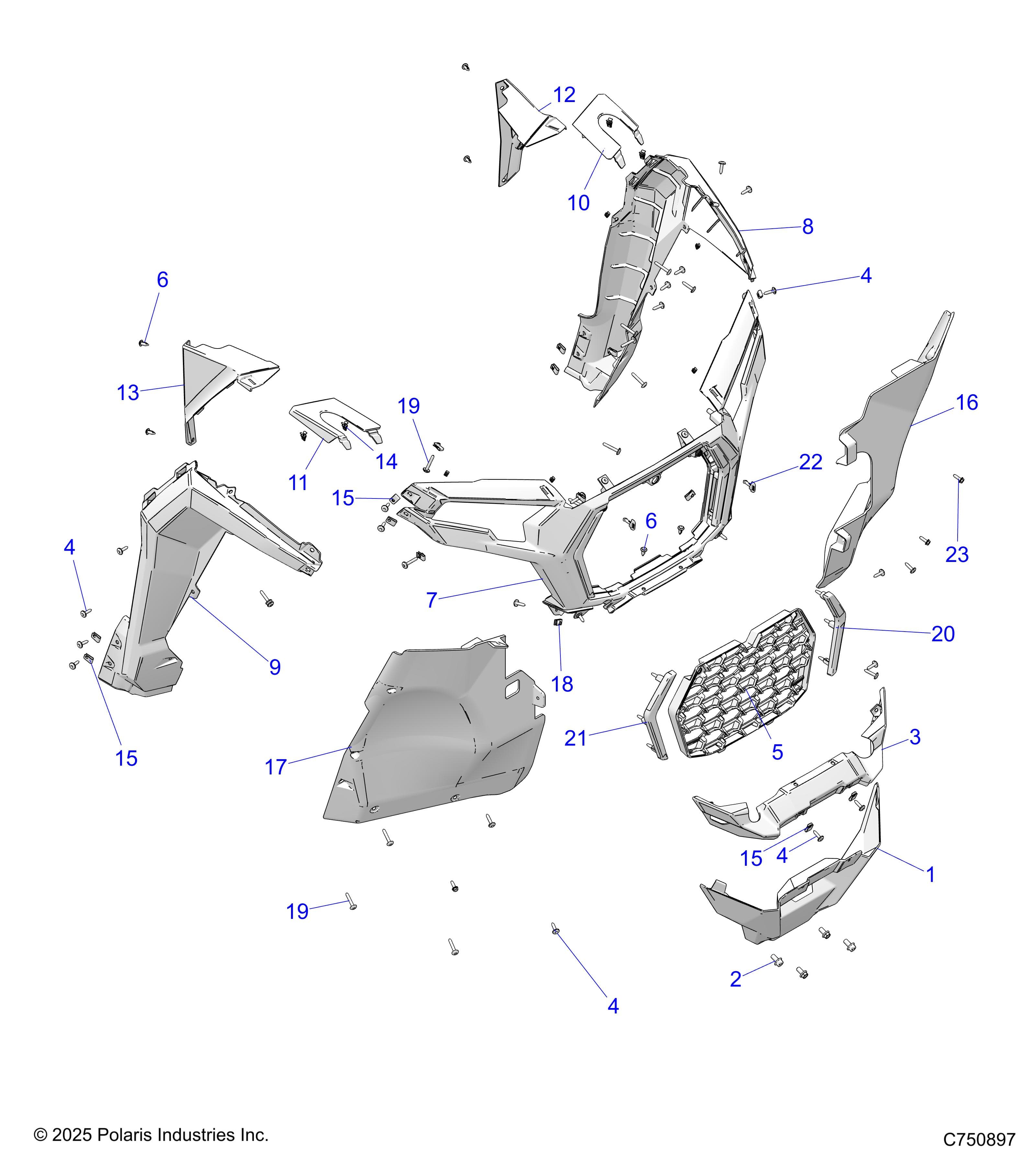 2026 RZR XP 4 1000 SPORT β BODY, FRONT FACIA, GRILLE, AND FLARES - Z26NMS99A4/B4/A6/B6 (C750897) diagram