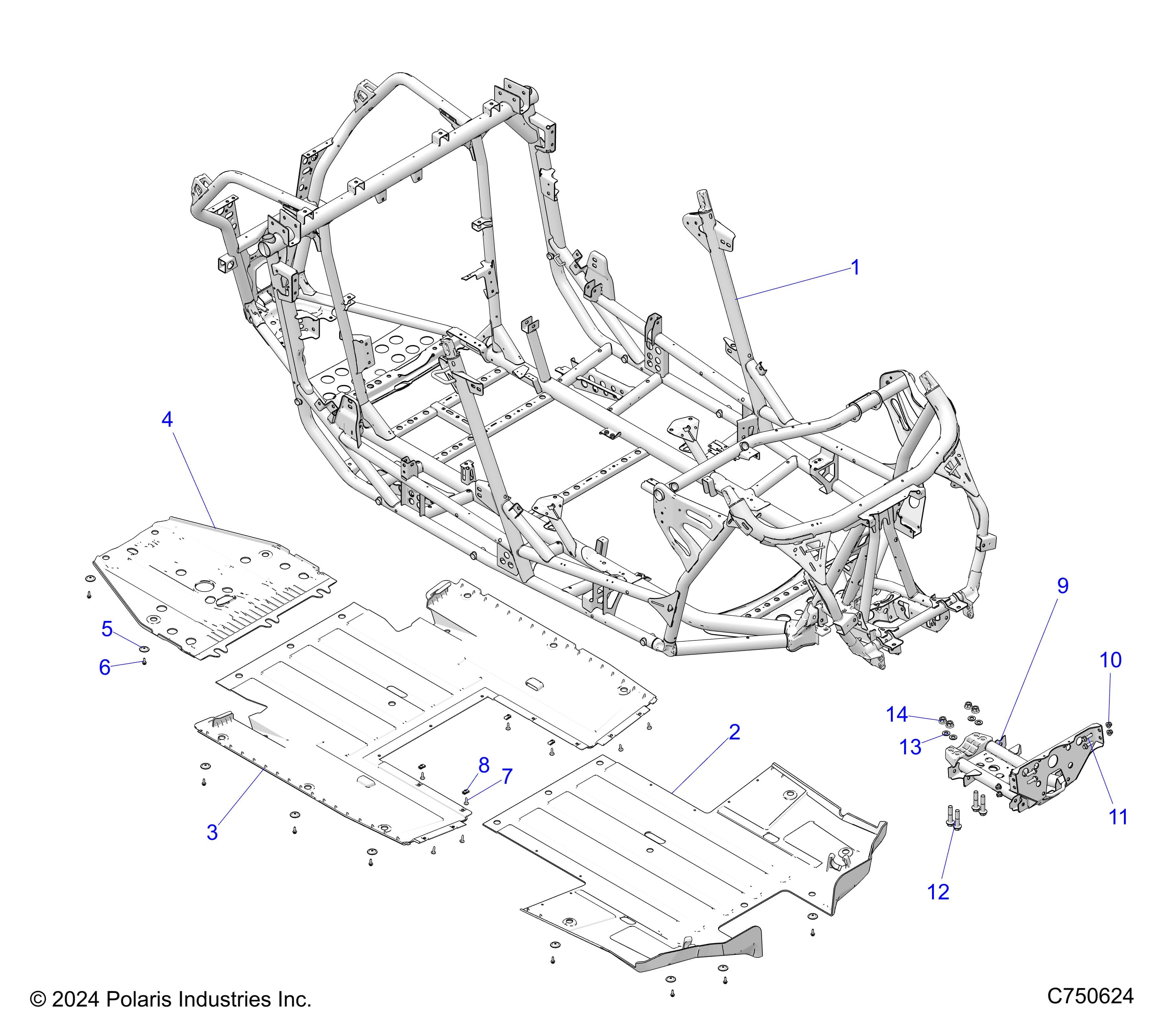 2026 RZR PRO XP 4 SPORT β CHASSIS, MAIN FRAME AND SKID PLATES - Z26X4E92A4/B4/A6/B6 (C750624) diagram