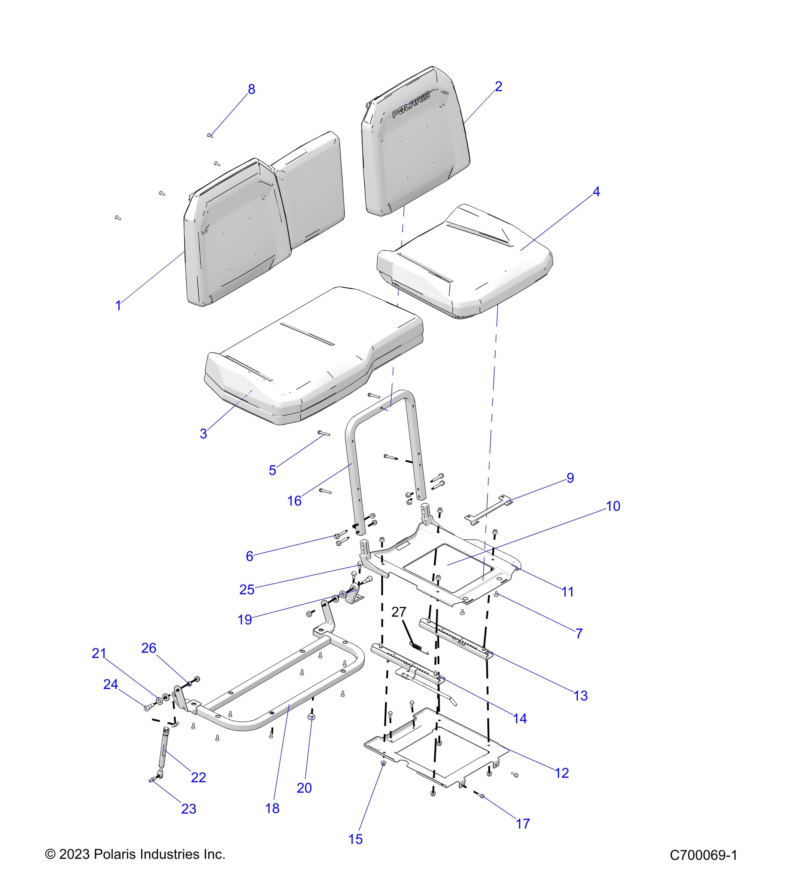 2026 RANGER 1000 XP CREW NSTR ULTIMATE TRAIL BOSS β BODY, SEAT ASSEMBLY & SLIDER - R26RSV99AK (C700069-1) diagram