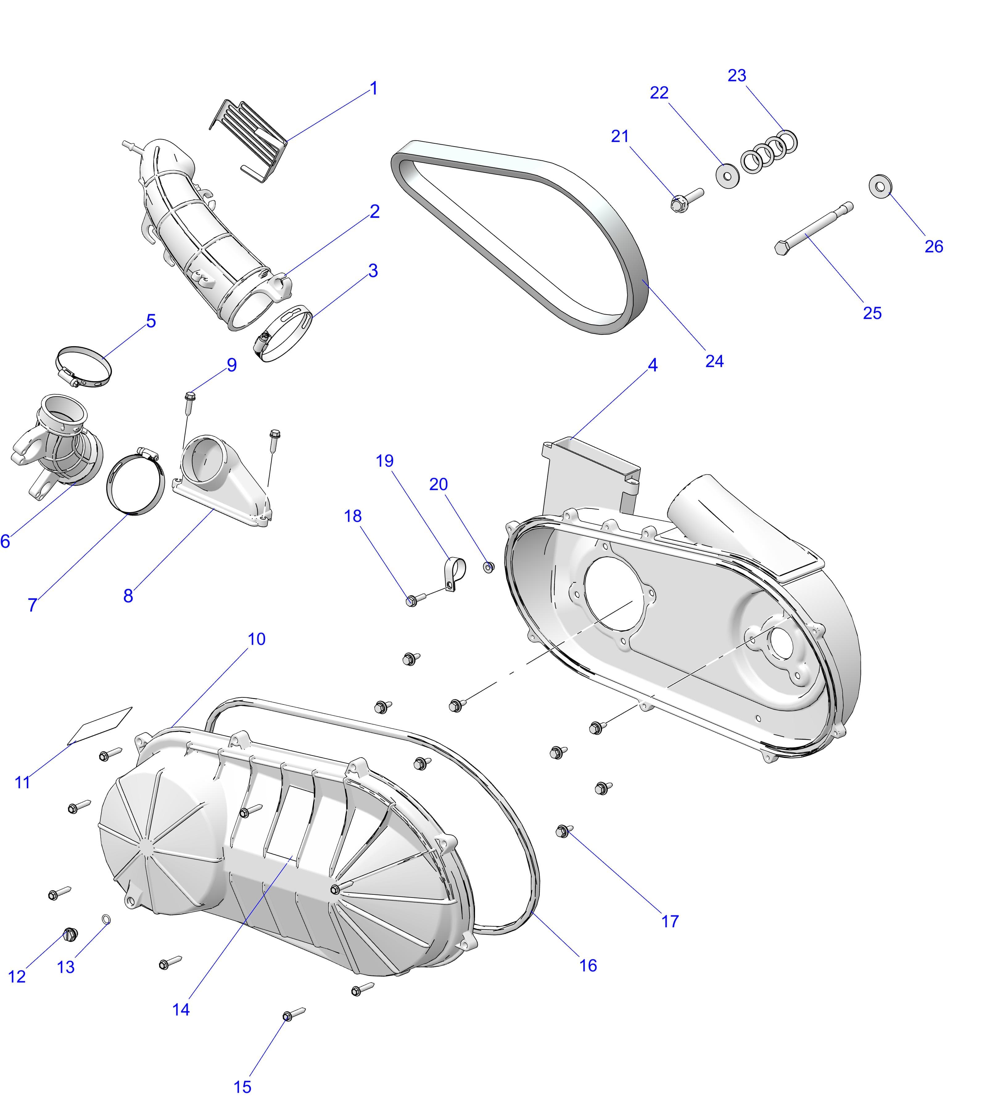 2026 RANGER 500 β DRIVE TRAIN, CLUTCH COVER & DUCTING diagram